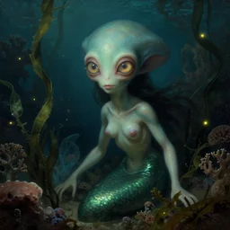 a close - up rococo portrait of an alien mermaid. giant glowing eyes. surrounded by seaweed, coral, and sea life, 1 8 th century painting by jean - honore fragonard and moebius. fireflies, night time. gloomy blue green underwater environment, blurry organic dark background. sci - fi fantasy renaissance masterpiece. artstation