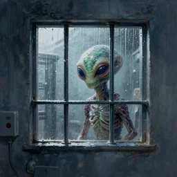 a cinematic painting of an alien inside of jail cell looking out of a small rainy window, beautiful lighting, high depth, ultra realistic, artistic, by annie leibovitz and zack snyder