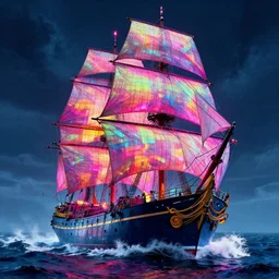 majestic sailing ship on rough stormy seas, dramatic bright neon colors, highly detailed, cinematic, synthwave, robert morello, vladimir kush, chris foss, roger dean, michael whelan, lisa frank, bob eggleton, alfred kelsner, kubrick, wojtek suidmak