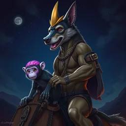 digital portait painting, athletic sexy, anthropomorphic anubis dog warrior, dreemy formidable, riding small cute purple monkey brain furaffinity, night sky, jay naylor, beeple, james jean, aya takano, dan mumford, rossdraws, inio, color style, trippy, super detailed, artwork, digital art, clean hd, cmyk