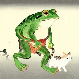 Ukiyo-e of a samurai frog out walking his pet cat