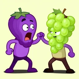 a screaming purple grape wanting to punch his brother who is a green grape. cartoon.