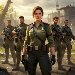fallout 5, concept art brunette female enclave officer leading a squad portrait, concept art, outdoors industrial setting, spring time, slight overcast, atmospheric lighting, painted, intricate, volumetric lighting, beautiful, sharp focus, golden hour, ultra detailed by leesha hannigan, ross tran, thierry doizon, kai carpenter, ignacio fernandez rios