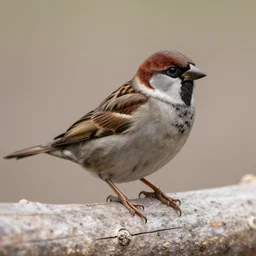 a sparrow standing on a log, photograph, depth of field, sharp, detailed