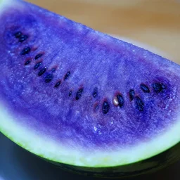 a 4 k photorealistic photo close up of a purple and blue watermelon slice.