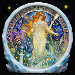 minecraft, space, carving on southern ice porcelain , overdetailed art, by greg rutkowski, by Alfons Mucha, complementing colors, magic, colorful lights, fireflies, detailed illustration