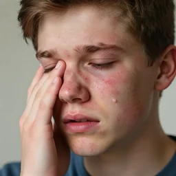 caucasian teen suffering from case of extremely bad acne, zits everywhere, acne all over skin, crying face, desperation, anxiety, despair, 4 k, unreal engine 5
