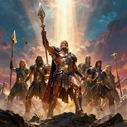 the great war of the titans on mount olympus, artistic realism, high quality, beautiful, dramatic lighting, god rays, vibrant