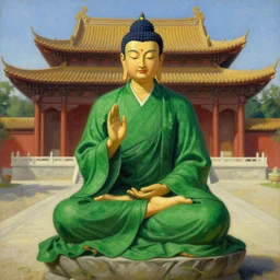 buddhism, temple, green clothes, painting by greg rutkowski, j. c. leyendecker, artgerm