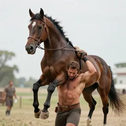 strongman carrying horse on his back, man lifted horse with his hands and shoulders, hero saved horse