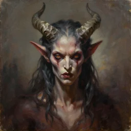 a painting of a demon with horns on his head, a character oil on canvas portrait by gerald brom, masterpiece, fantasy art, grotesque, artstation hq