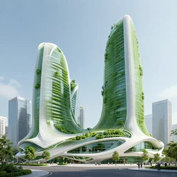 the city of the future, green, white, building, organic, tech, precision, ultra realistic