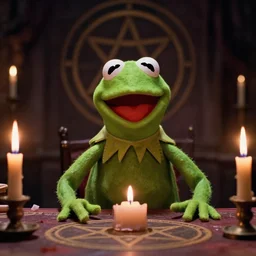 Kermit the Frog grinning maniacally, a satanic ritual with candles and a pentagram, movie screenshot directed by David Fincher, and cinematography by Roger Deakins. Shot from a low angle. Cinematic. 24mm lens, 35mm film, Fujifilm Reala, f8