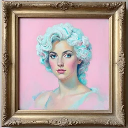 an old portrait of a woman with sugar cotton hair painting with frames. pink, cyan
