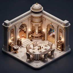 concept art for a video game, inside of a futuristic but classy mansion, style of Resident Evil and Blade Runner, dining table, isometric perspective