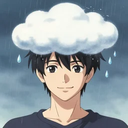 a character with a cloud on his head, raindrops instead of tears, disheveled thoughts, the subtle existence of reality in time, a beautiful face, a sweet smile by tatsuro kiuchi