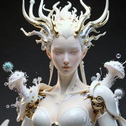 hyper detailed ultra sharp portrait of a beautiful well contoured porcelain ivory smooth fair cyborg warrior god model, up close shot, sharp focus, global illumination, radiant light, biomechanical white silver gold rhizomorphs headdress, cyberpunk brackets, laser cut paper microbes, bubble mushrooms, puffballs, alexandre ferra white mecha, irakli nadar, alexander mcqueen, octane highly render, 4 k, ultra hd,