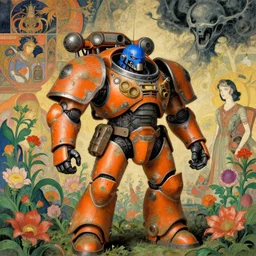 composition of and futuristic, warhammer, cyber armor, scars, storm, blue head, orange, green, mouldy juice, many mech flowers, the middle ages, highly detailed, artstation, in the style of moebius, jugendstil and classic japanese print, psychedelic, art by rene magritte and anka zhuravleva, mary jane ansell