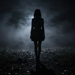 black dark fantasy smoke on night field, girl silhouette, girl shadow, hyper detailed, vignette, ground, unfocused, realistic