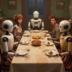 a table dinner of robots where robots are dressed like the characters from the midsommar movie, realistic detailed digital art by maxwell boas jessica rossier christian dimitrov anton fadeev trending on artstation cgsociety rendered in unreal engine 4 k hq