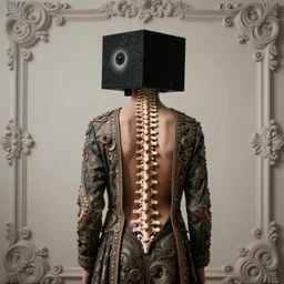 back view of man standing inside ornate template, haze, exposed spinal column, black biomechanical cube helmet, grain, iris van herpen, jean delville, james jean, ornate garments