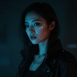 cyberpunk woman with face tech, dim ambient lighting, dark shadows