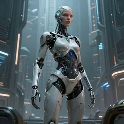 ultra realistic, full body portrait of a beautiful woman cyborg, in a space metropolis, sci-fi, cyberpunk, concept art, intricate details, eerie, highly detailed, octane render, 8k, , art by artgerm and greg rutkowski and alphonse mucha