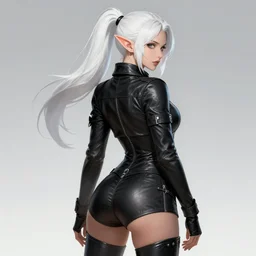 backveiw picture of elf rogue, female, white skin, ponytails, sexy, skintight leather clothes, curves, short coat, face details, shapely, extremely detailed, smooth, sharp focus, digital illustration, by artgerm, rossdraws, sakimichan