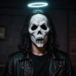 If Jesus Christ was a member of the band slipknot, Scary face mask, Halo over his head, highly detailed, trending on deviantART, 8K