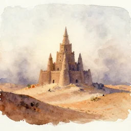 small centered on watercolor paper, paint brush strokes, abstract watercolor painting of foggy dawn, ancient arabian rural sand castle, cinematic light, national romanticism by hans dahl, by jesper ejsing, by anders zorn, by greg rutkowski, by greg manchess, by tyler edlin