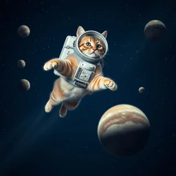 longshot of a cat wearing a retro astronaut helmet leaping from planet to planet among the stars at night with diffused light