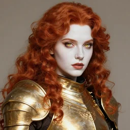 picture of beautiful lady knight, golden armor, face details, gorgeous curly red hair, white skin, lipstick, golden eyes, high fantasy, extremely detailed, sharp focus, smooth, by ironstylus, zeronis, artgerm