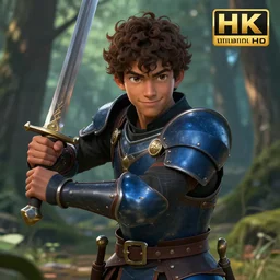 Picture of an teenager male warrior, baggy eyes, light bown iris, wielding an sword on each hand, medium curly hair!, light brown skin!, black shirt underneath armor, mixed leather armor, blue colored, smiling, in the forest, ready for combat, high fantasy, by WLOP, Genzoman, Sakimichan and Frank Franzzeta, trending on artstation, artstationHD, artstationHQ, good, octane, cgsociety, HD, extremely detailed, detailed face!, HD 16k