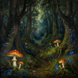 a renaissance painting of an ancient fairytale forest with mushrooms, bioluminescent moss blue, green, orange colorscheme