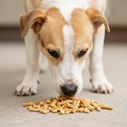 dog that has normal human legs for legs, eating wheat treats,