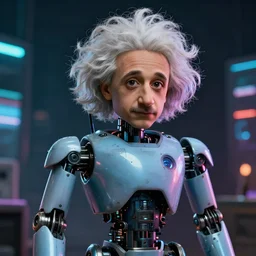 A young Albert Einstein as a robot, synthwave style, hacker, dramatic lighting, artstation, 8K, detailed