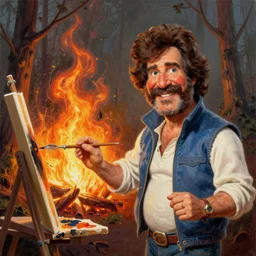Bob Ross painting a forest fire