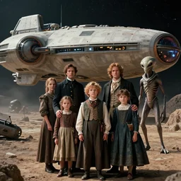 highly detailed, 524288k film still from a sci fi blockbuster color movie made in 2019, set in 1860, of a family standing in front of a spaceship that has just landed on an alien planet, a humanoid alien creature stands nearby, the family are all wearing 1860s era clothes, good lighting, good photography, highly detailed faces