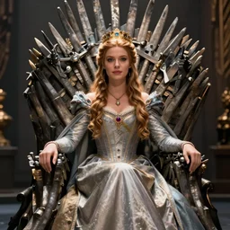 a gorgeous princess sitting on the Iron Throne in a song of Ice and fire, realistic illustration