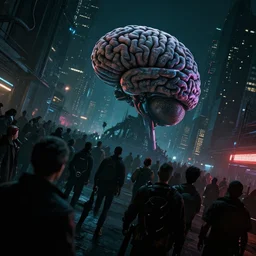 low wide tilted angle perspective photo of a cerebral hack in a crowded midnight city, cyberpunk, 3 d render, by wayne barlowe, by beeple, by artgerm, beksinski, rutkowski, peter gric, photorealistic, cinematic dramatic lighting, ominous electric atmosphere, album cover art, blade runner 2 0 4 9, masterpiece