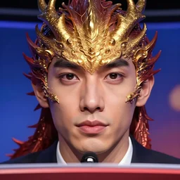 highly detailed picture of great dragon news anchor talking head. perfectly symmetrical face, highly detailed, masterpiece, trending on artstation, golden ratio, cinematic romantic magical, perfect intricate