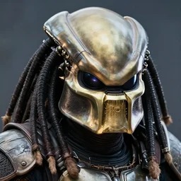 close up headshot of predator from the movies, wearing crypto helmet and armour, dreadlocks coming out the bottom, volumetric lighting, rim light, particles, smoke, greg rutkowski, wayne barlowe, digital painting, lewis jones