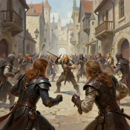 an exciting fantasy street battle within a fascinating old city, narrow streets, old buildings, by Nicodemus Yang-Mattisson,   cinematic, simple but effective composition, clean lines, beautiful digital painting, oil painting, great character design, dungeons and dragons, lord of the rings,  close up character, fantasy races