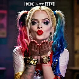 (((((((( film still RIHANNA as Arkham Harley Quinn : badass sassy : 8K UHD : blowing a kiss : 2023 promotional movie poster : Harley Quinn movie studio lighting !!!!!!
