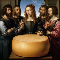 beautiful renaissance painting portrait of a gouda cheese wheel by sandro botticelli, jan van eyck, titian, piero della francesca
