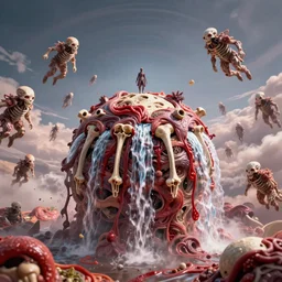 planet made of flesh, bones, blood waterfalls, living humanoid creatures flying though the sky, Greg Rutkowski, 3d scene, trending on Artstation, 8K, ultra wide angle, pincushion lens effect.