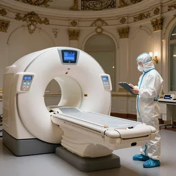 exploded view of a mri scanner inside a detailed ornate baroque chamber, doctor in hazmat suit standing around looking at clipboards, full colour, hyper realistic photo, shallow depth of field, upscale, 8 k, masterpiece,