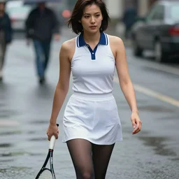 A woman walking, tennis wear, neck, short hair, tights; on the street, rainy; 90's professional color photograph, close up, view from front,