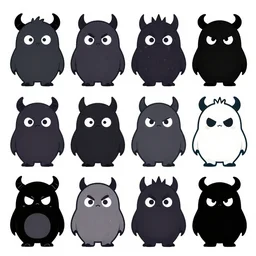 game asset sheet, 2 d sprite, mid - century classical era chibi monsters cute lovable tricksters darkness vs light