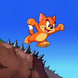Bubsy the Bobcat falling from a great height on to spikes, screenshot from the Atari Jaguar 1999, upward facing camera
